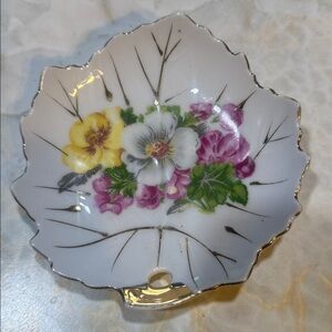 Vintage Porcelain Leaf Shaped Floral Trinket Dish made in Japan 4.5 in